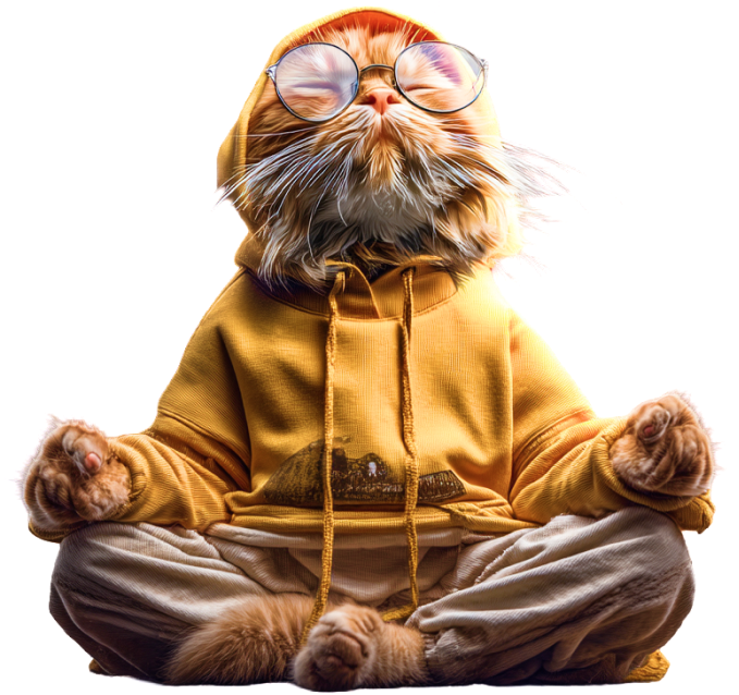 TICAT maszkot — meditáló macska kapucnis pulóverben